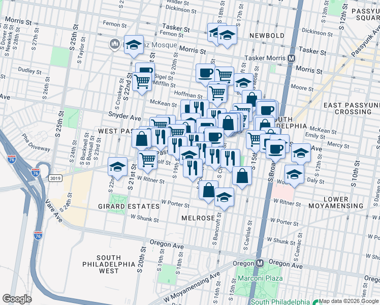map of restaurants, bars, coffee shops, grocery stores, and more near 1814 Jackson Street in Philadelphia