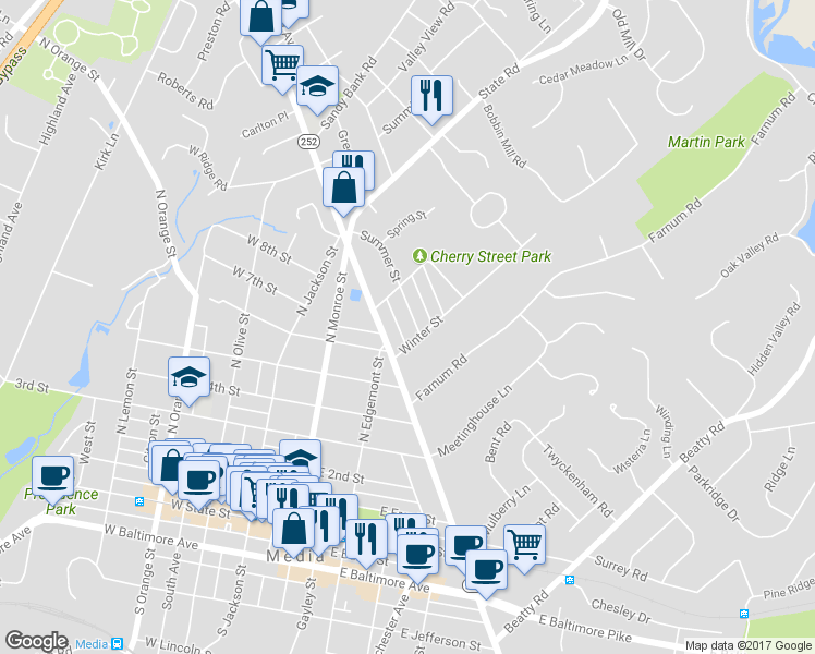 map of restaurants, bars, coffee shops, grocery stores, and more near 604 Summer Street in Media