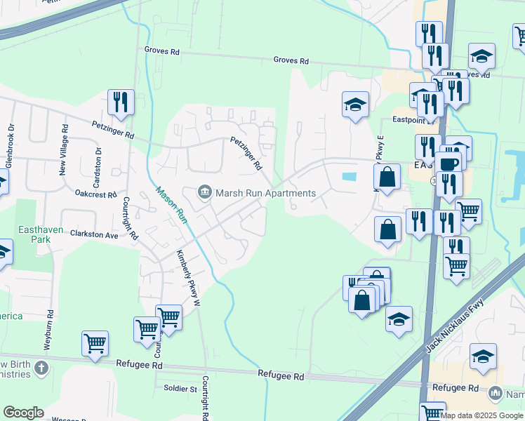 map of restaurants, bars, coffee shops, grocery stores, and more near 3982 Laurel Lane in Columbus