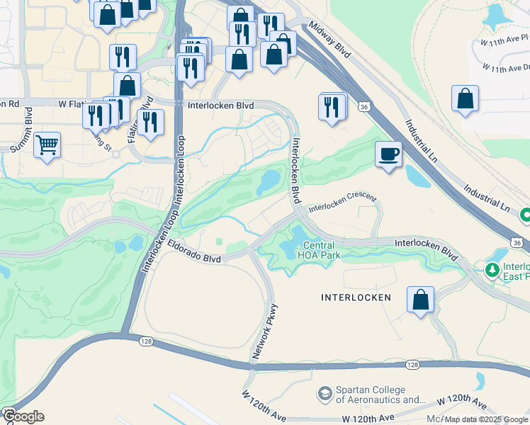 map of restaurants, bars, coffee shops, grocery stores, and more near 355 Eldorado Boulevard in Broomfield