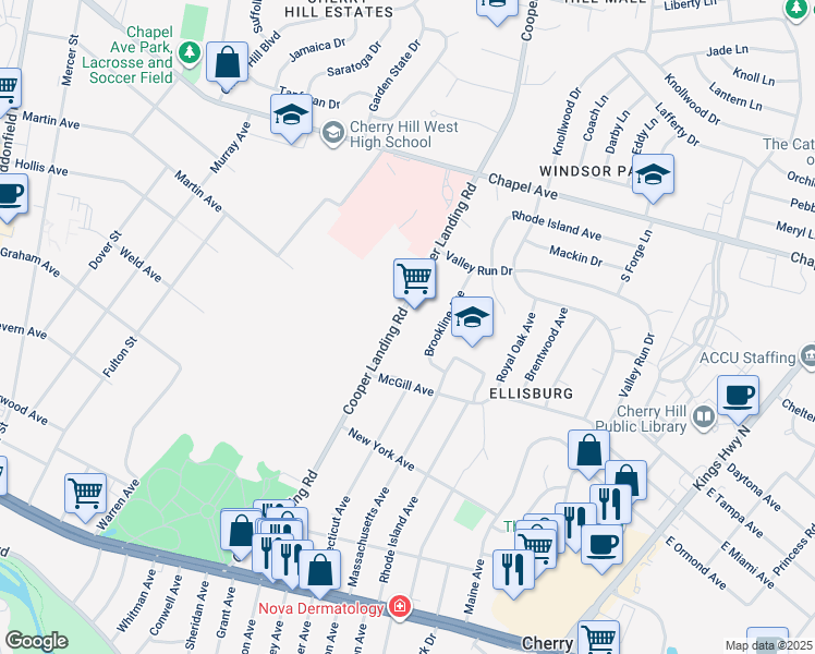 map of restaurants, bars, coffee shops, grocery stores, and more near 401 Cooper Landing Road in Cherry Hill Township