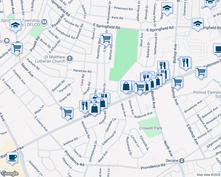 map of restaurants, bars, coffee shops, grocery stores, and more near 284 West Avenue in Springfield