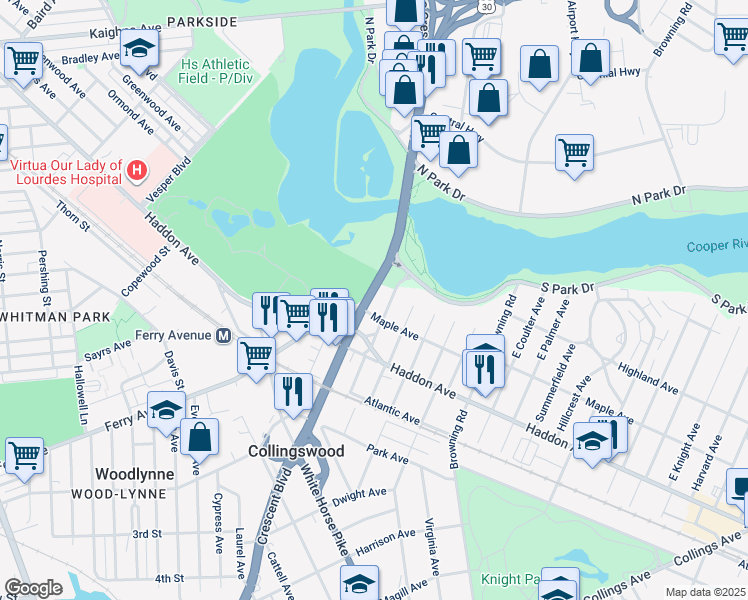 map of restaurants, bars, coffee shops, grocery stores, and more near 200 South Crescent Boulevard in Collingswood