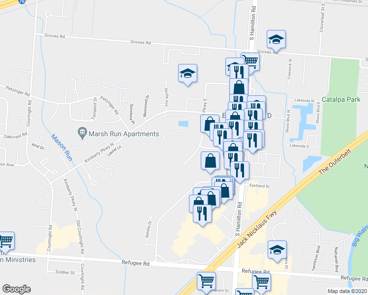 map of restaurants, bars, coffee shops, grocery stores, and more near 2469 Kimberly Parkway North in Columbus