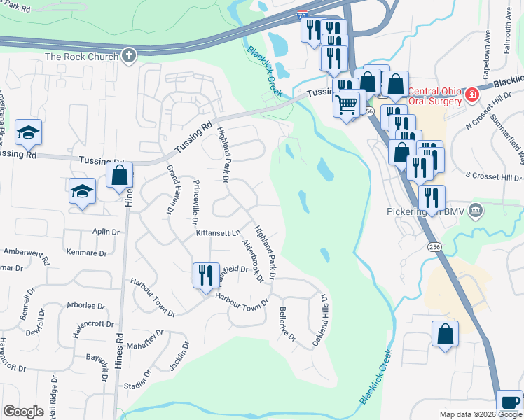 map of restaurants, bars, coffee shops, grocery stores, and more near 7712 Stow Acres Place in Pickerington