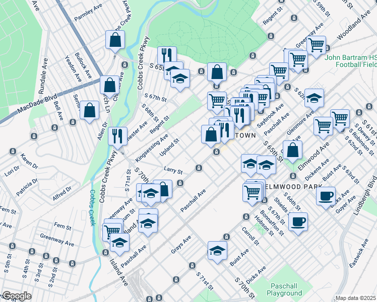 map of restaurants, bars, coffee shops, grocery stores, and more near 2105 South 68th Street in Philadelphia