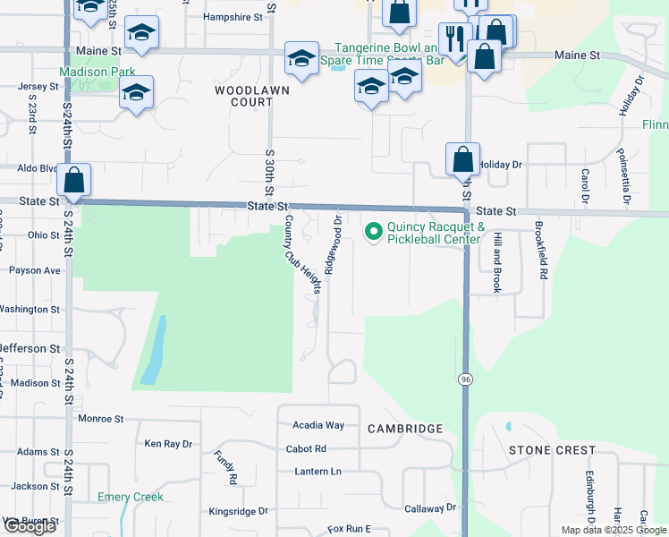 map of restaurants, bars, coffee shops, grocery stores, and more near 621 Ridgewood Drive in Quincy