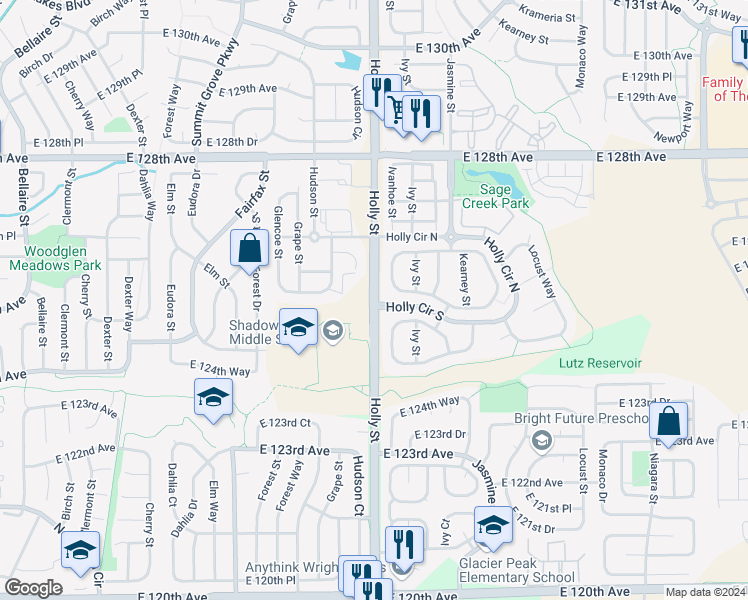 map of restaurants, bars, coffee shops, grocery stores, and more near 12551 Holly Street in Thornton