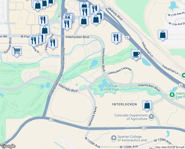 map of restaurants, bars, coffee shops, grocery stores, and more near 355 Eldorado Boulevard in Broomfield