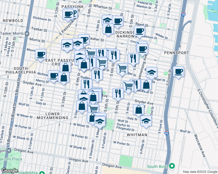 map of restaurants, bars, coffee shops, grocery stores, and more near 604 McKean St in Philadelphia