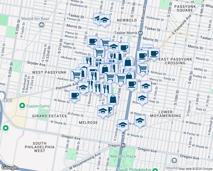 map of restaurants, bars, coffee shops, grocery stores, and more near 1613 Jackson Street in Philadelphia
