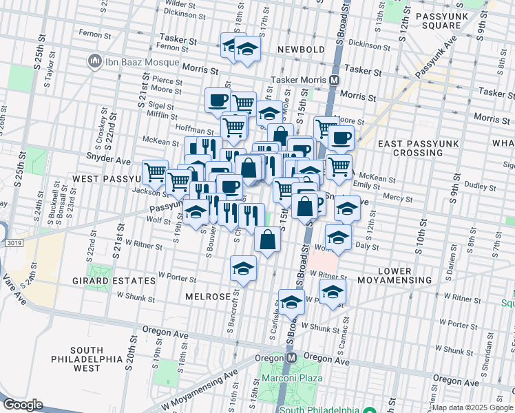 map of restaurants, bars, coffee shops, grocery stores, and more near 2137 South Chadwick Street in Philadelphia