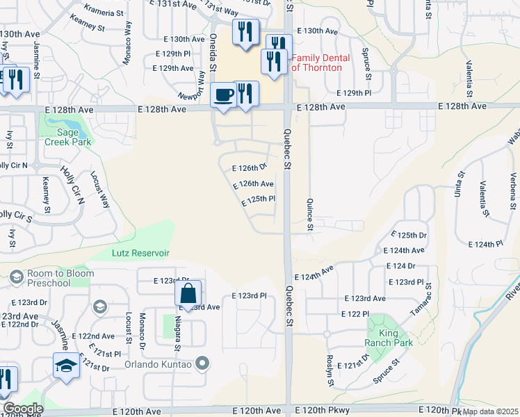map of restaurants, bars, coffee shops, grocery stores, and more near 12501 Quebec St in Thornton