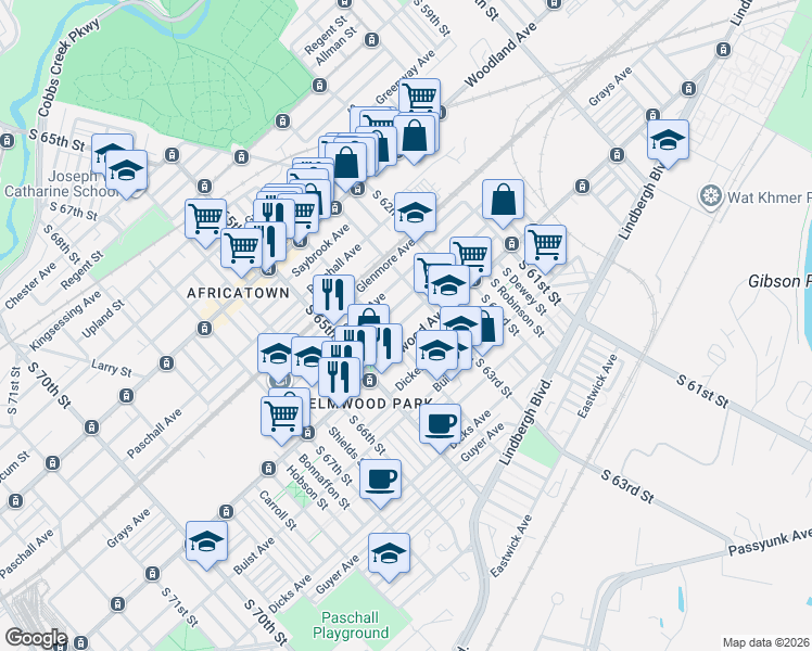 map of restaurants, bars, coffee shops, grocery stores, and more near 6344 Wheeler Street in Philadelphia