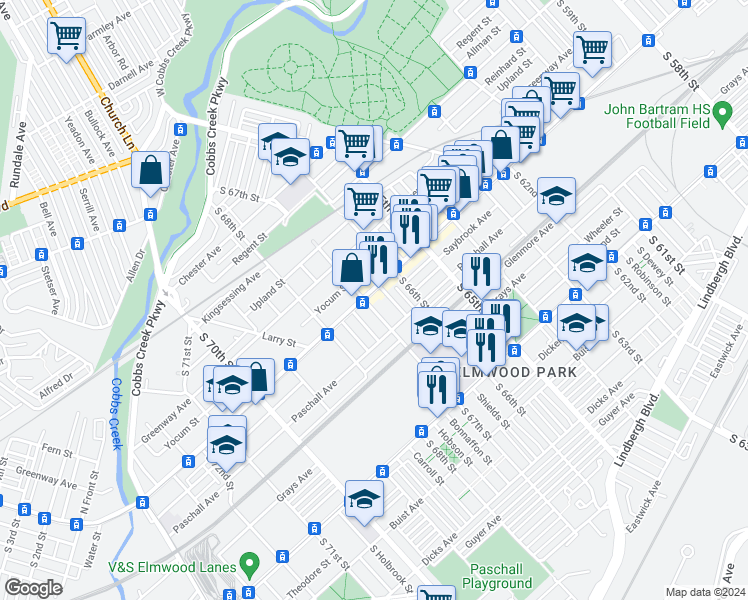 map of restaurants, bars, coffee shops, grocery stores, and more near 6630 Woodland Avenue in Philadelphia