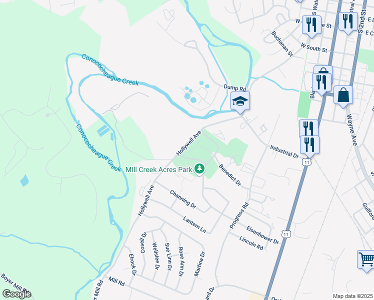 map of restaurants, bars, coffee shops, grocery stores, and more near Benedict Drive in Chambersburg