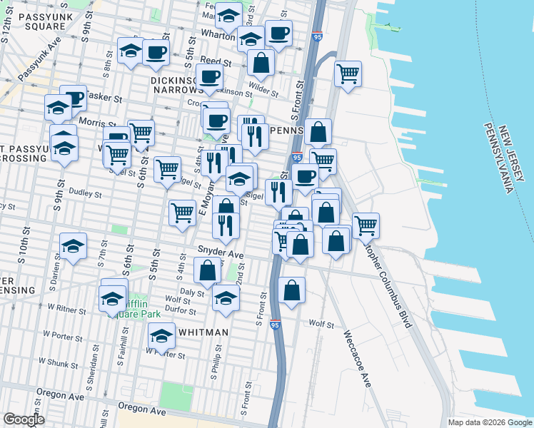 map of restaurants, bars, coffee shops, grocery stores, and more near 120 Mifflin Street in Philadelphia