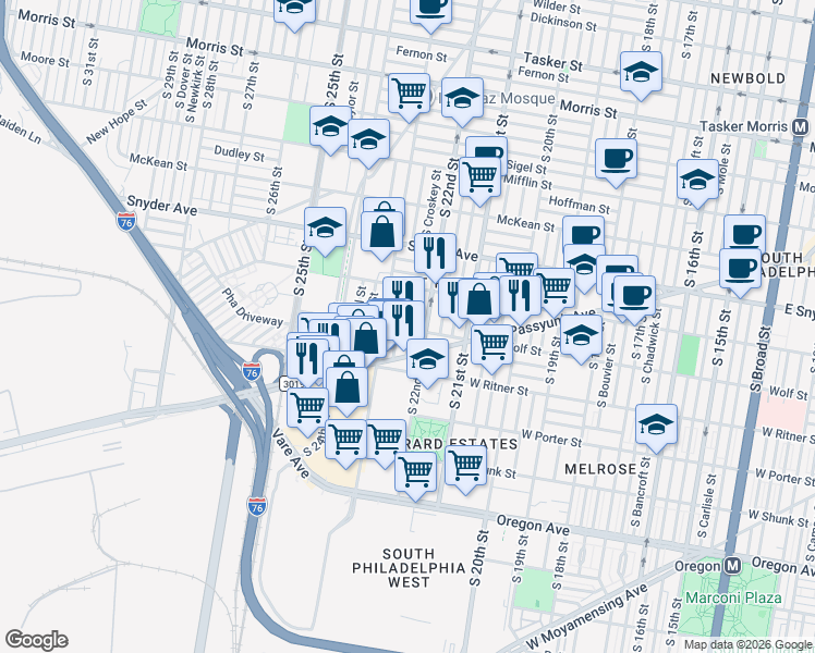 map of restaurants, bars, coffee shops, grocery stores, and more near 2254 South Croskey Street in Philadelphia