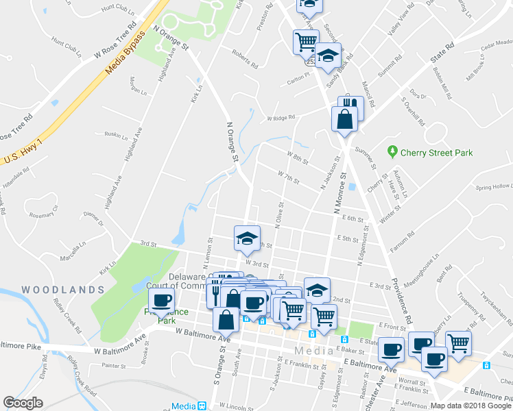 map of restaurants, bars, coffee shops, grocery stores, and more near 117 Valley Place in Media