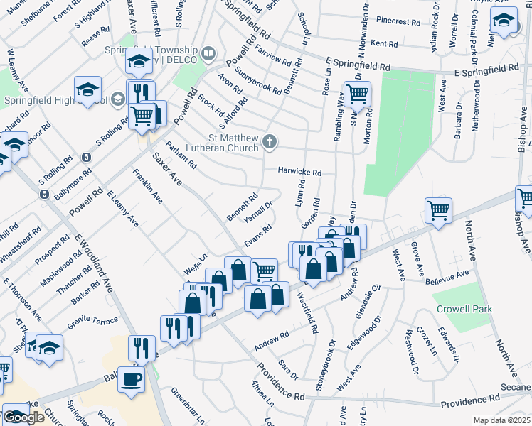 map of restaurants, bars, coffee shops, grocery stores, and more near 343 Yarnall Drive in Springfield