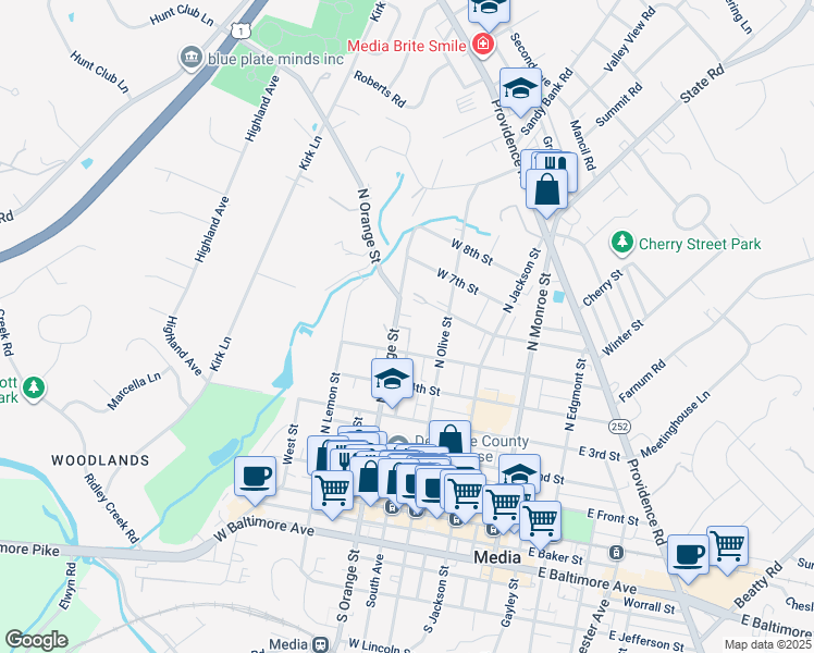 map of restaurants, bars, coffee shops, grocery stores, and more near 117 Valley Place in Media