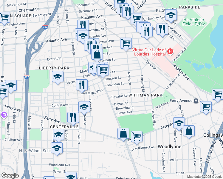 map of restaurants, bars, coffee shops, grocery stores, and more near 1213 Carl Miller Boulevard in Camden