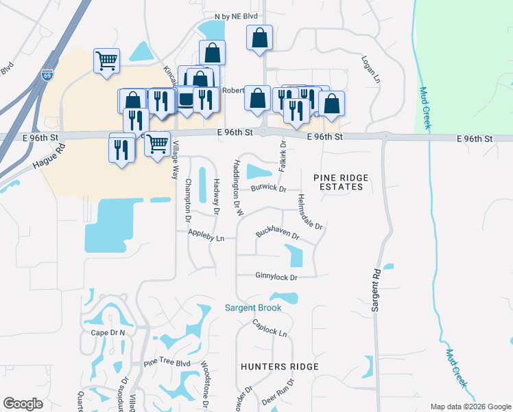 map of restaurants, bars, coffee shops, grocery stores, and more near 8750 Powderhorn Way in Indianapolis