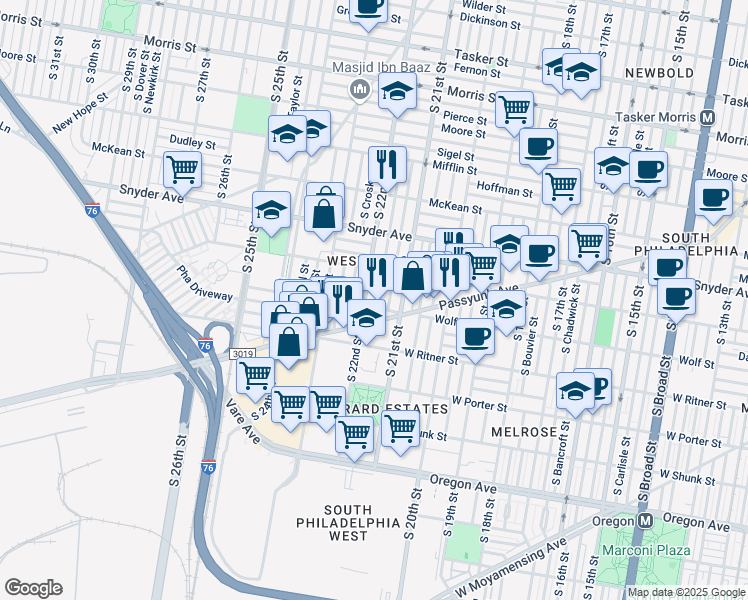 map of restaurants, bars, coffee shops, grocery stores, and more near 2246 South Beechwood Street in Philadelphia