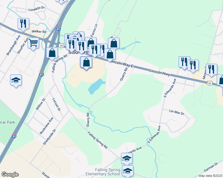 map of restaurants, bars, coffee shops, grocery stores, and more near 169 Quarry Road in Chambersburg