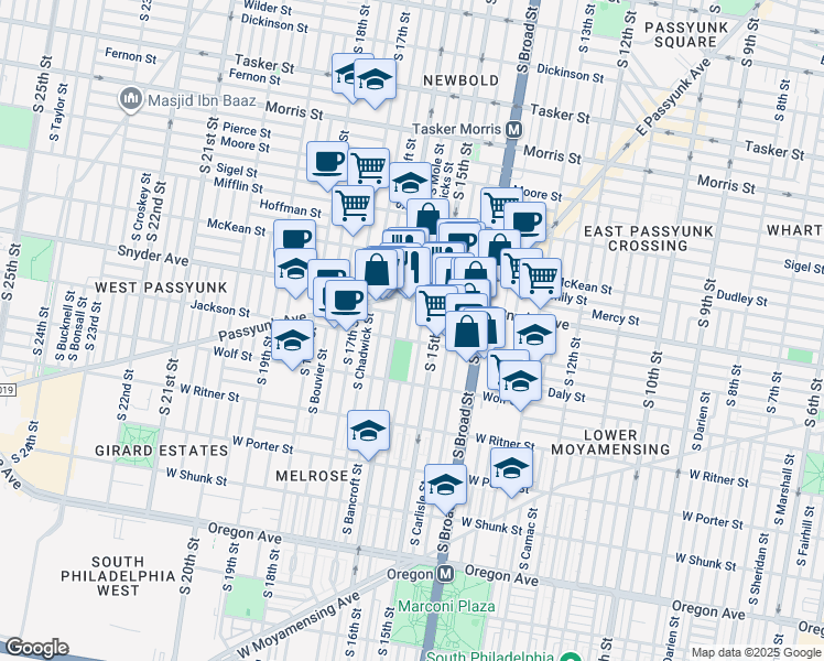 map of restaurants, bars, coffee shops, grocery stores, and more near 2141 South Mole Street in Philadelphia