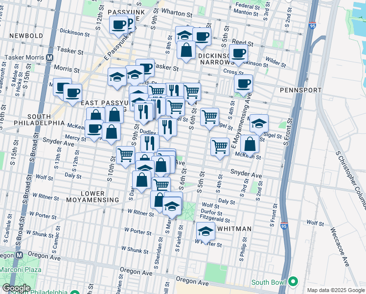map of restaurants, bars, coffee shops, grocery stores, and more near 604 McKean St in Philadelphia