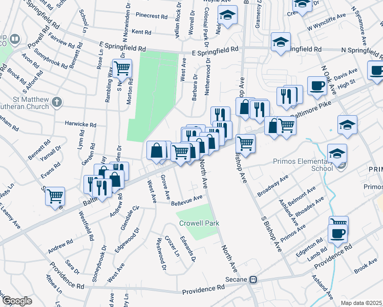 map of restaurants, bars, coffee shops, grocery stores, and more near 110B Baltimore Pike in Springfield