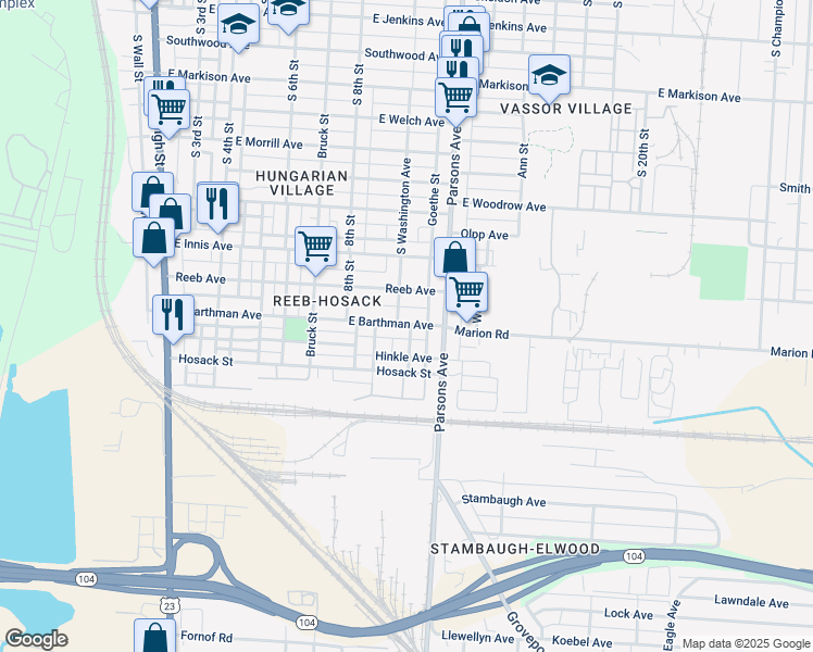 map of restaurants, bars, coffee shops, grocery stores, and more near 141 South Washington Avenue in Columbus
