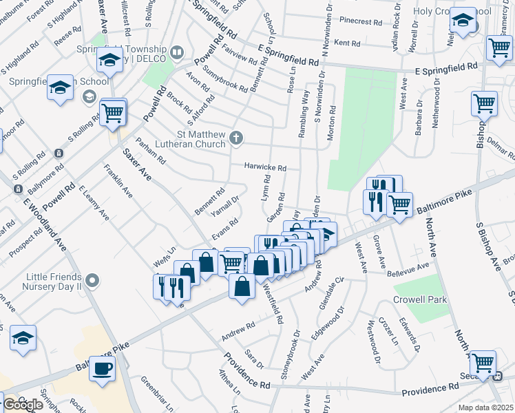 map of restaurants, bars, coffee shops, grocery stores, and more near 352 Lynn Road in Springfield