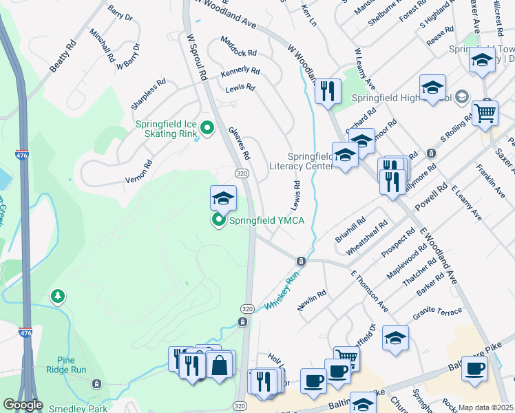 map of restaurants, bars, coffee shops, grocery stores, and more near 242 Gleaves Road in Springfield