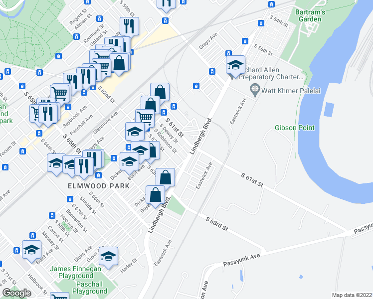 map of restaurants, bars, coffee shops, grocery stores, and more near 2645 South Dewey Street in Philadelphia
