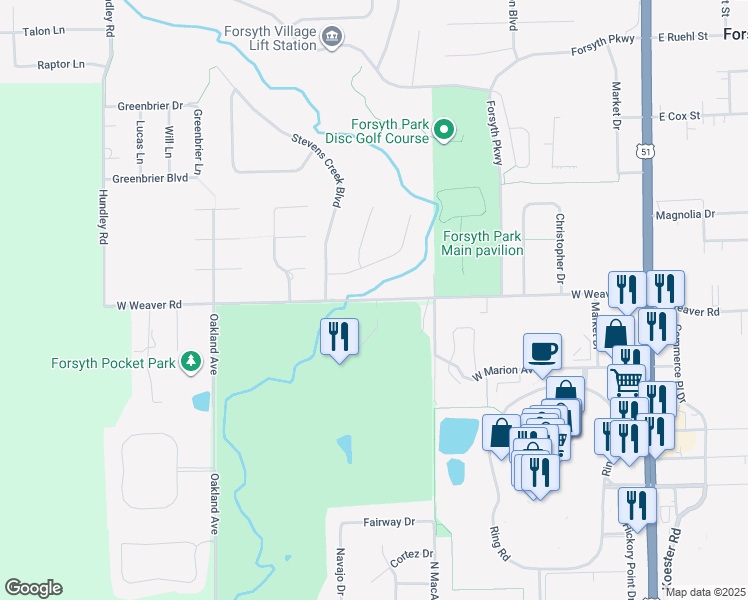 map of restaurants, bars, coffee shops, grocery stores, and more near West Weaver Road in Forsyth