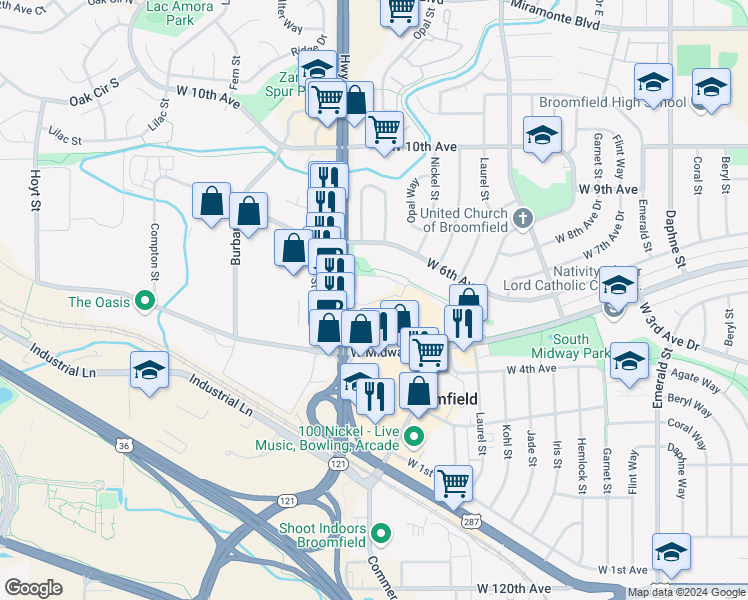 map of restaurants, bars, coffee shops, grocery stores, and more near 68 Garden Center in Broomfield