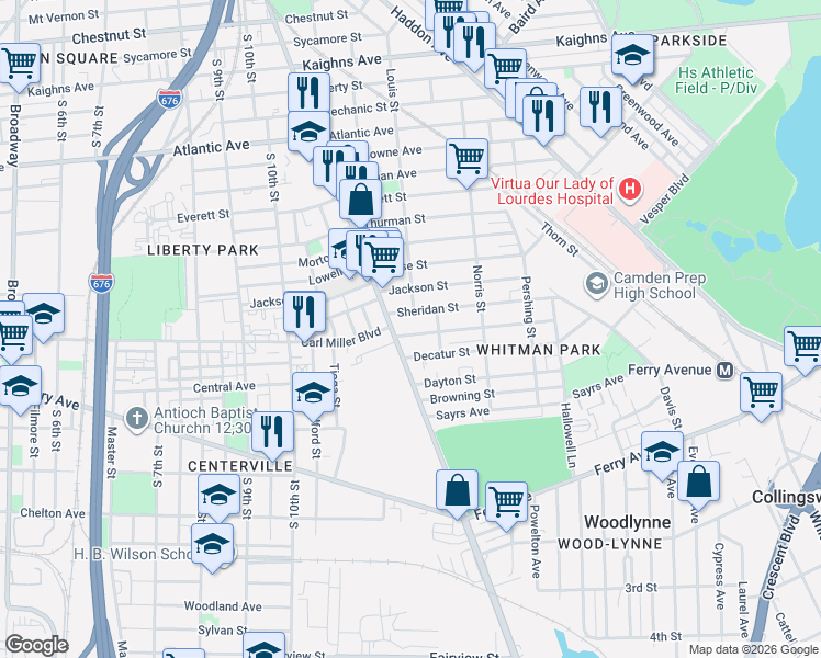 map of restaurants, bars, coffee shops, grocery stores, and more near 1229 Carl Miller Boulevard in Camden