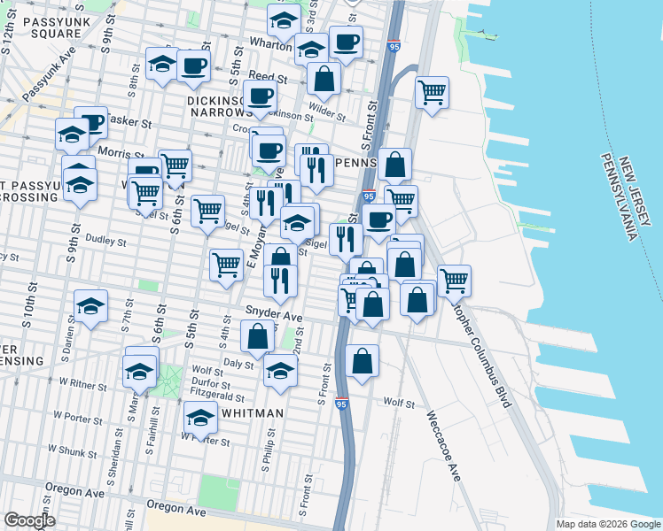 map of restaurants, bars, coffee shops, grocery stores, and more near 120 Mifflin Street in Philadelphia