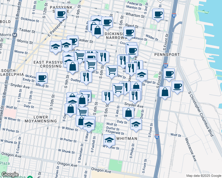 map of restaurants, bars, coffee shops, grocery stores, and more near 1927 South 5th Street in Philadelphia