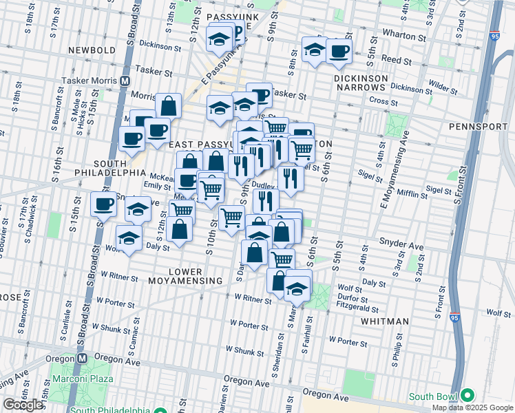map of restaurants, bars, coffee shops, grocery stores, and more near 2016 South Mildred Street in Philadelphia