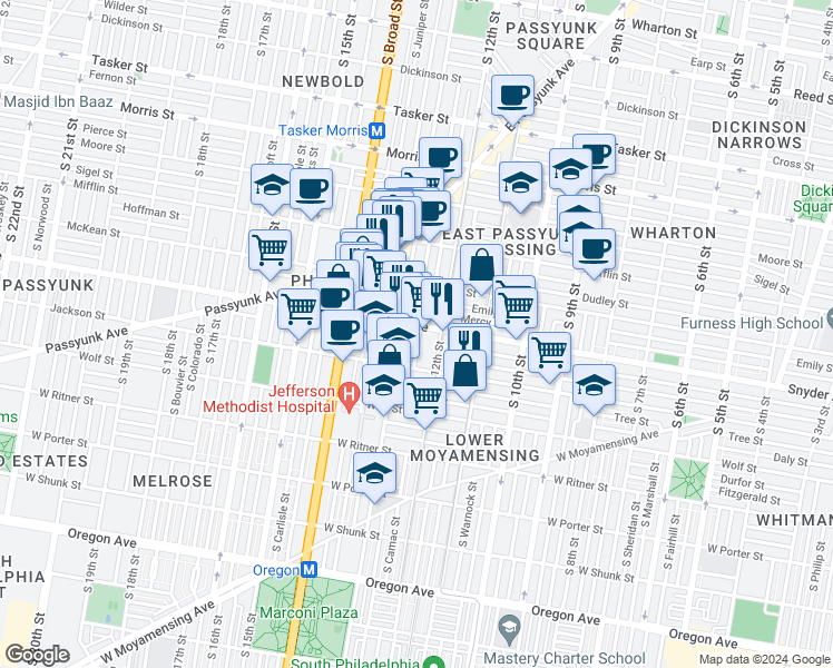 map of restaurants, bars, coffee shops, grocery stores, and more near 1215 Snyder Avenue in Philadelphia