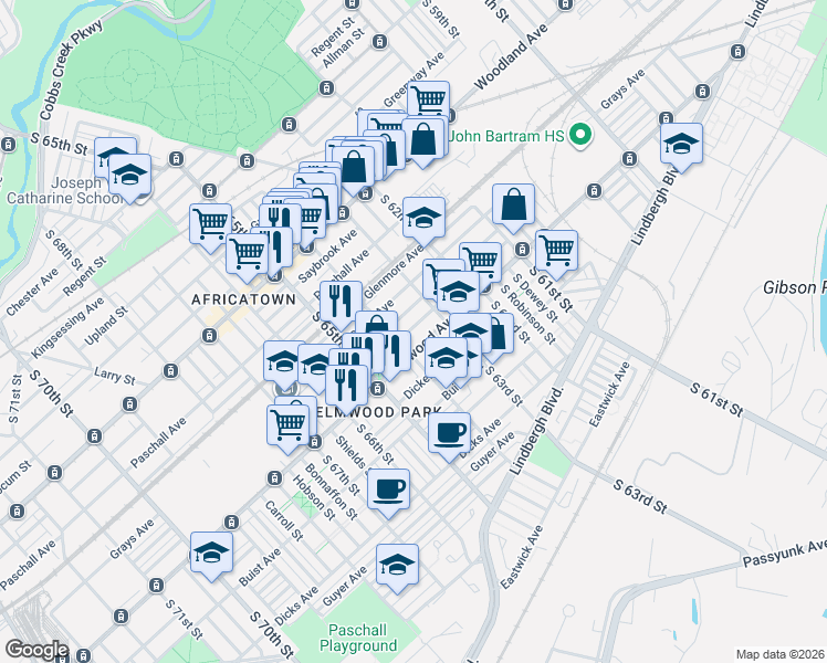 map of restaurants, bars, coffee shops, grocery stores, and more near 6344 Wheeler Street in Philadelphia