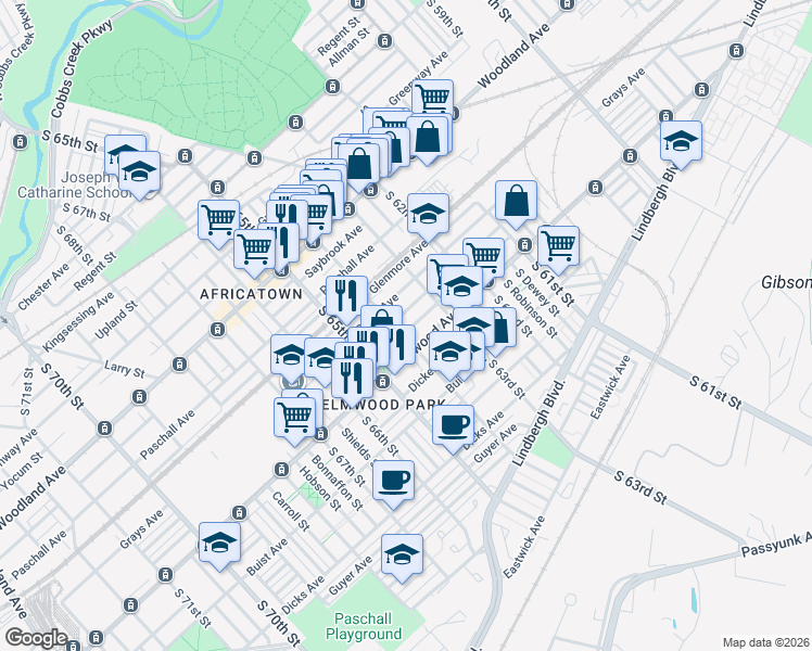 map of restaurants, bars, coffee shops, grocery stores, and more near 6344 Wheeler Street in Philadelphia