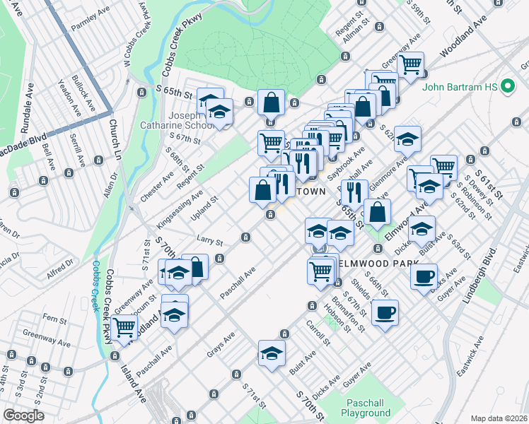 map of restaurants, bars, coffee shops, grocery stores, and more near 6653 Woodland Avenue in Philadelphia