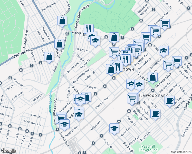 map of restaurants, bars, coffee shops, grocery stores, and more near 2038 South 68th Street in Philadelphia