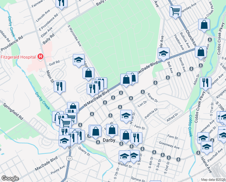 map of restaurants, bars, coffee shops, grocery stores, and more near 337 Mulberry Street in Darby