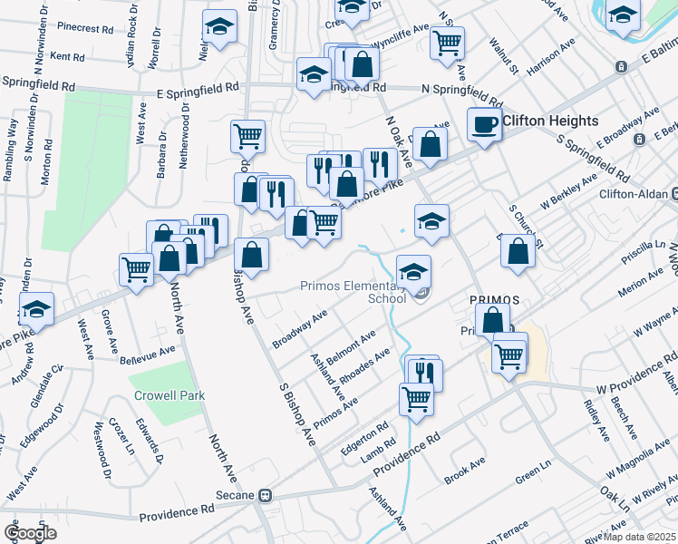 map of restaurants, bars, coffee shops, grocery stores, and more near 151 South Bishop Avenue in Clifton Heights
