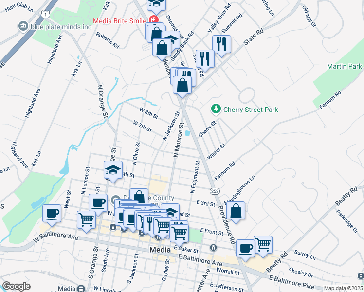 map of restaurants, bars, coffee shops, grocery stores, and more near 627 North Monroe Street in Media